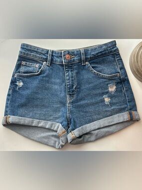 Bershka Medium Blue High Waist Rolled Cuff Denim Shorts Size 2